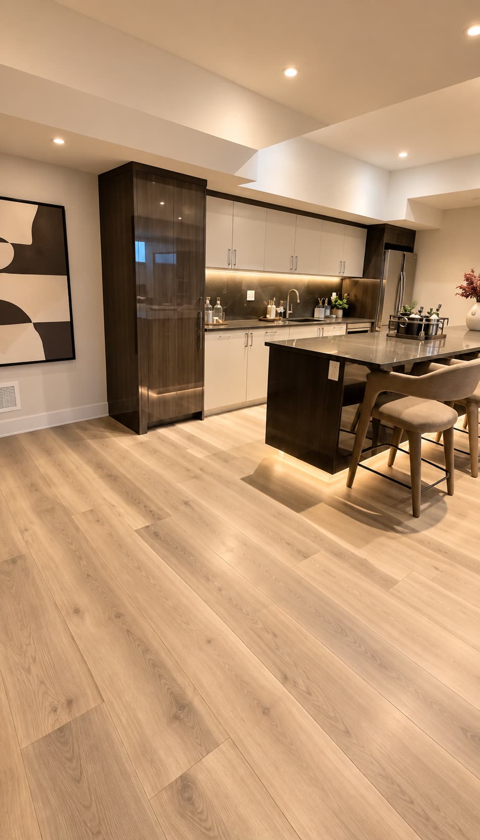 Modern kitchen with light wood flooring, dark cabinetry, a kitchen island, and warm lighting.