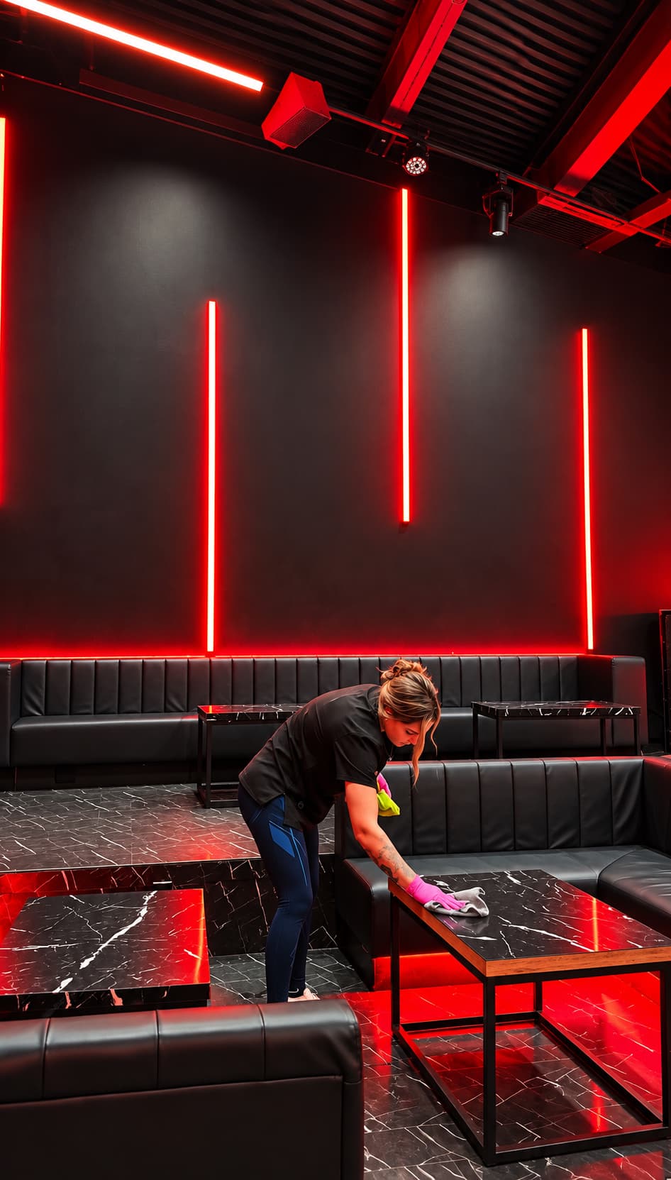 Woman cleaning a black marble table in a modern lounge with vertical red neon lights.