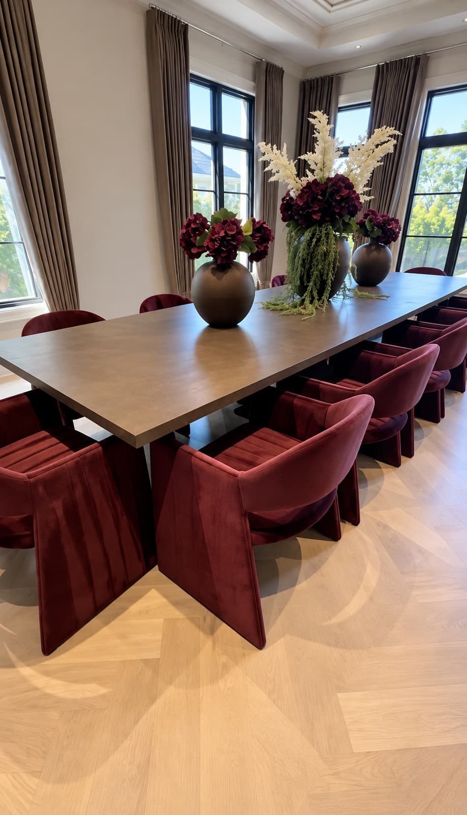 Long wooden dining table surrounded by burgundy velvet chairs and topped with floral arrangements.
