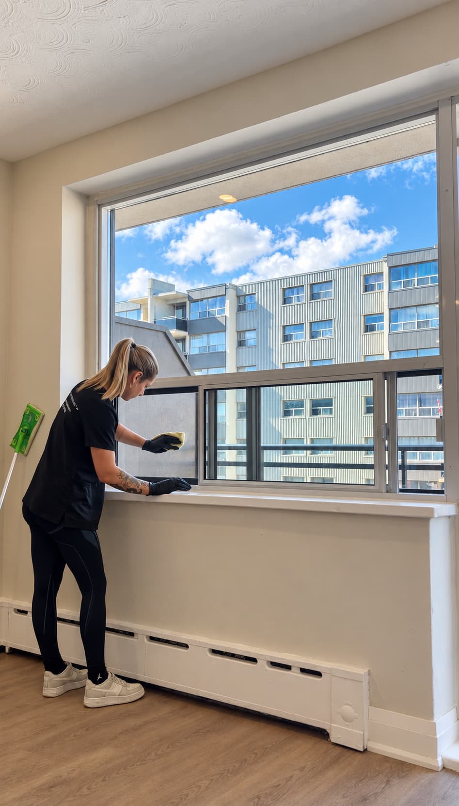 Woman in black athletic wear and gloves cleaning a large window overlooking a city building.