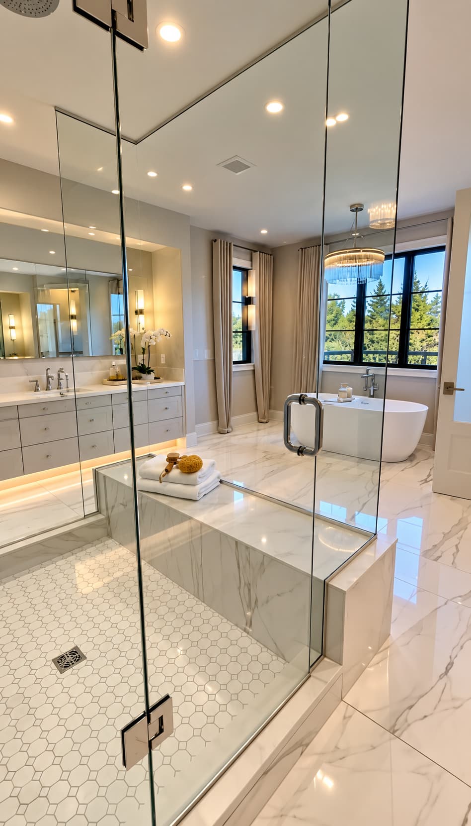 Luxurious marble bathroom featuring a glass-enclosed shower, double vanity, and a freestanding soaking tub.