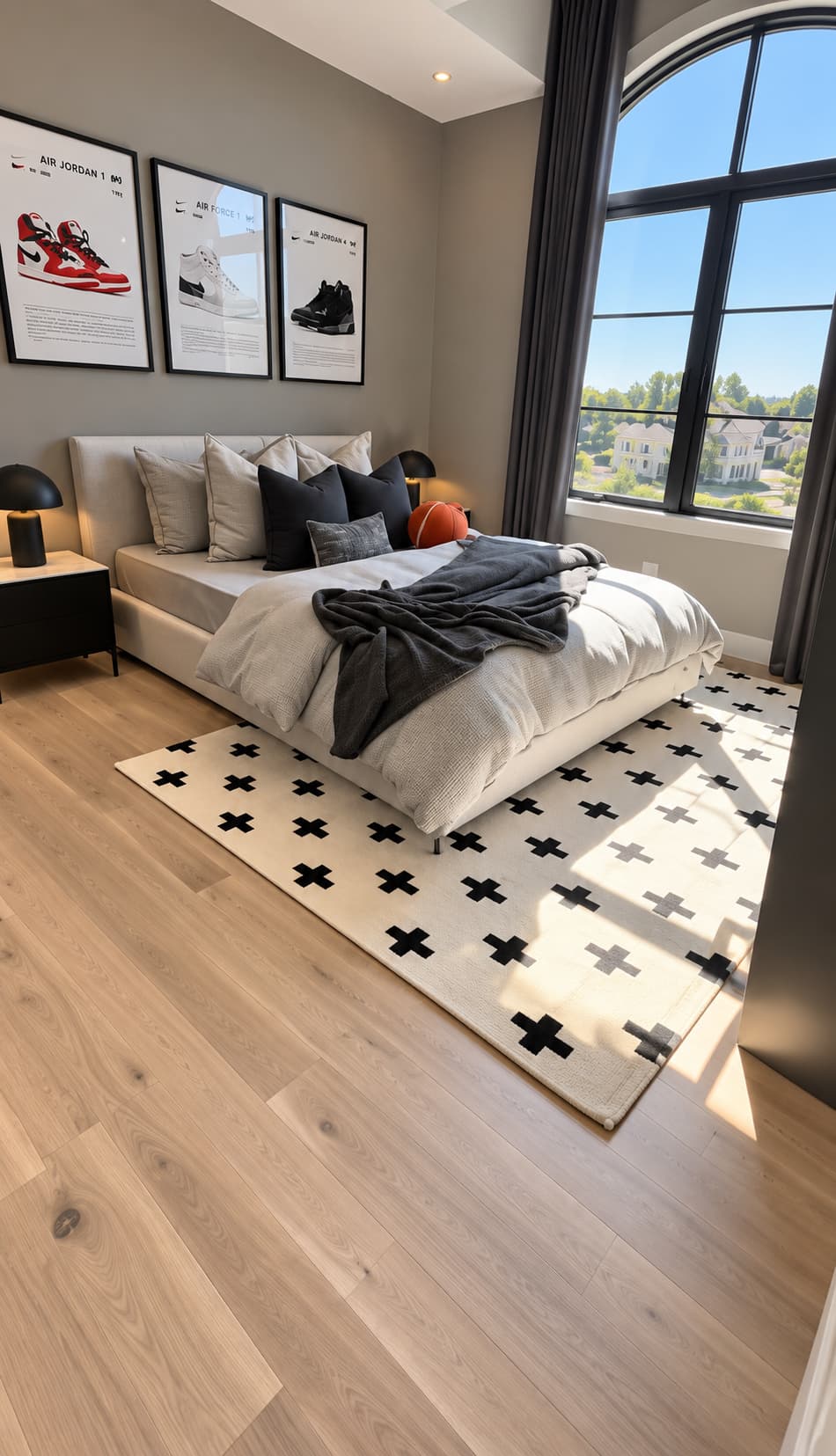 Modern bedroom featuring framed sneaker posters, a patterned rug, and a large arched window.