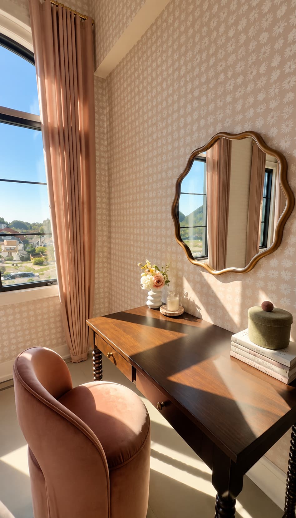 Dark wood desk and pink velvet chair under a scalloped gold mirror in sunlight.