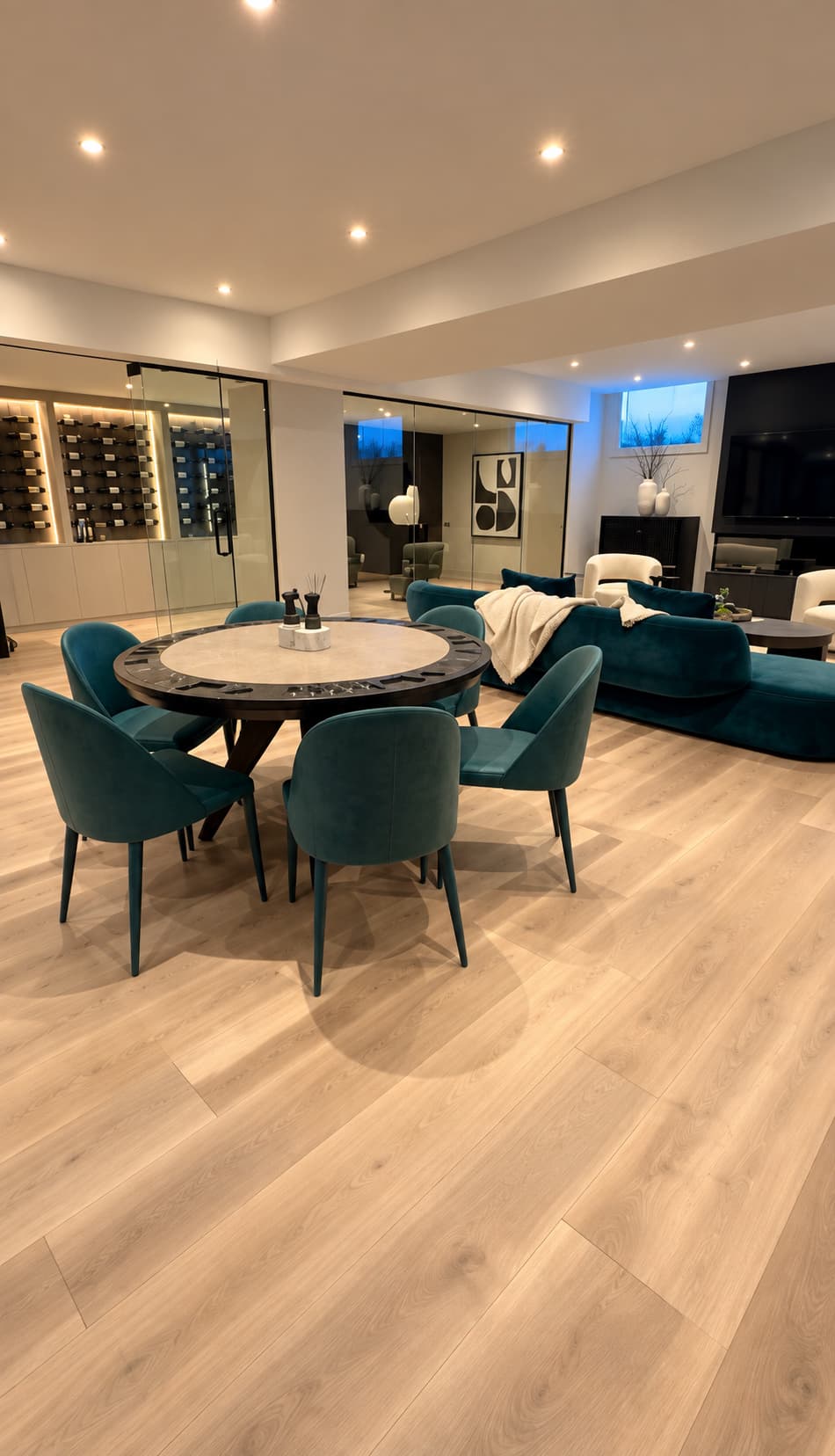 Modern interior featuring teal velvet chairs, a round table, and a glass wine cellar.