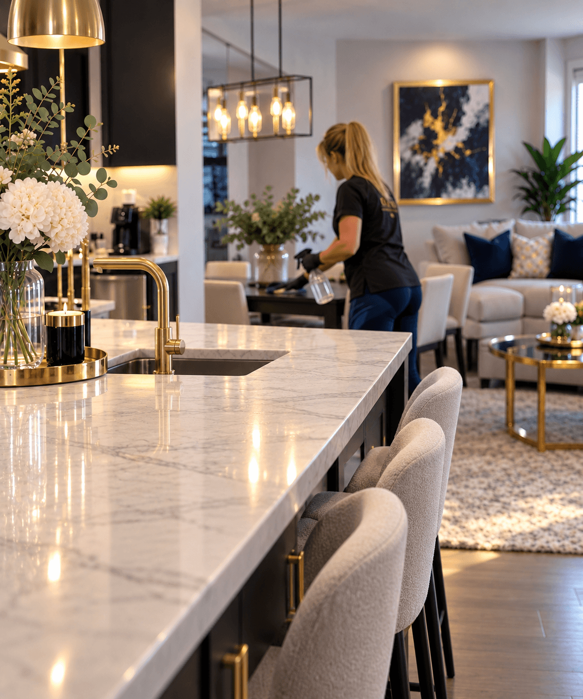 Woman cleaning a dining table in a modern home featuring a marble kitchen island.