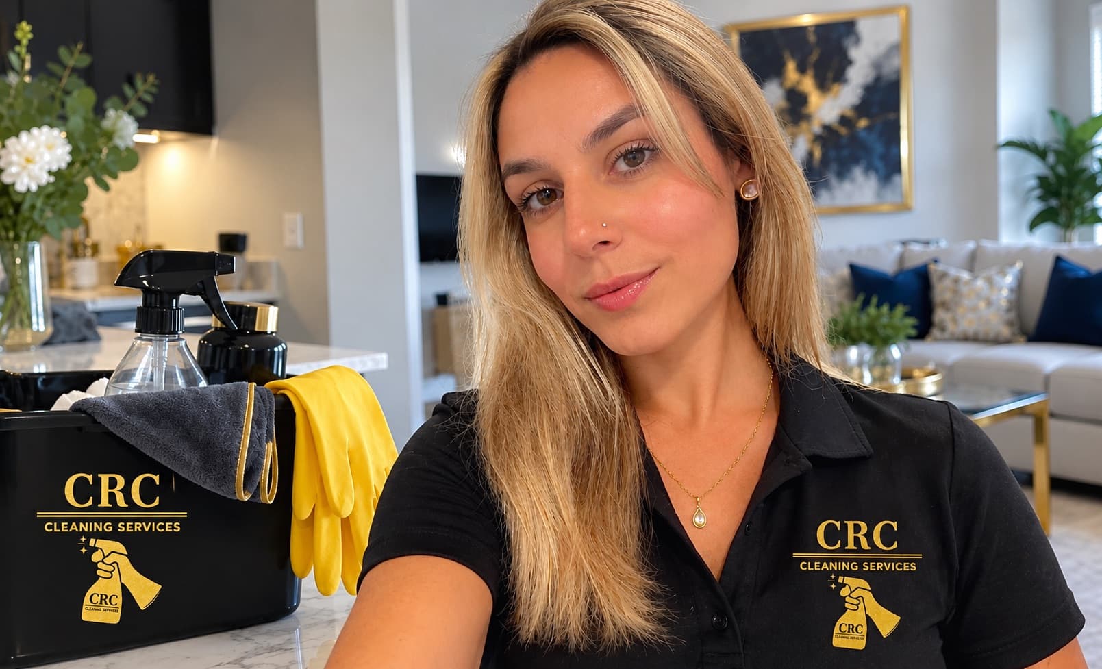 Professional cleaner in a branded polo shirt next to a caddy with cleaning supplies.