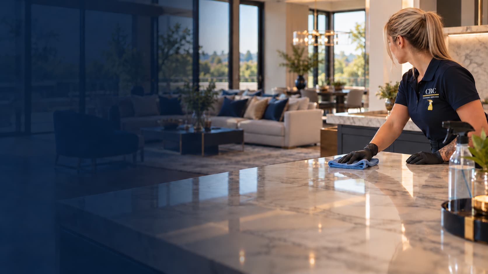 Professional cleaner in black gloves wipes a marble island in a sunlit, modern luxury home.